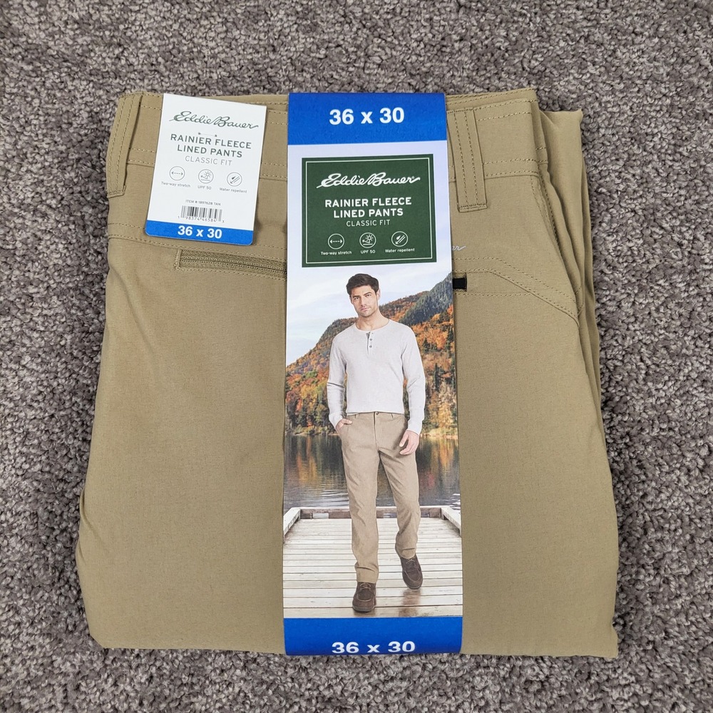 Eddie Bauer Rainier Fleece Lined Pants Mens 36x30 Tan New Classic Fit Stretch